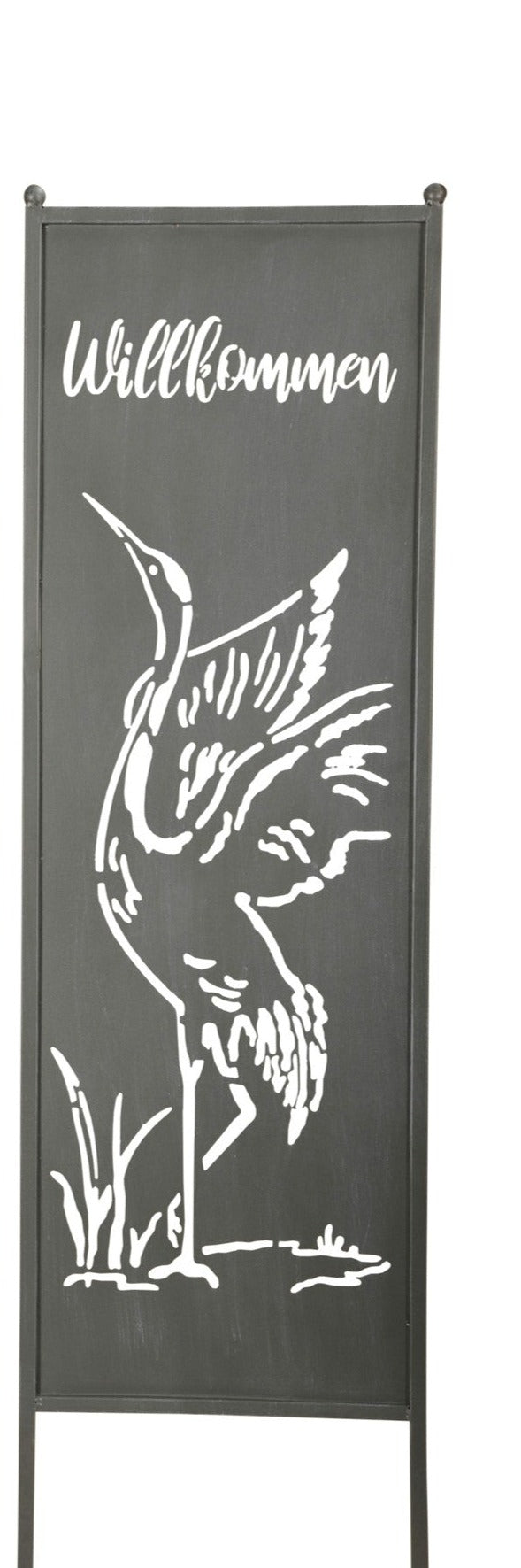 Stele Metall grau Sichtschutz "Reiher" mit Spruch Willkommen H118,5cm