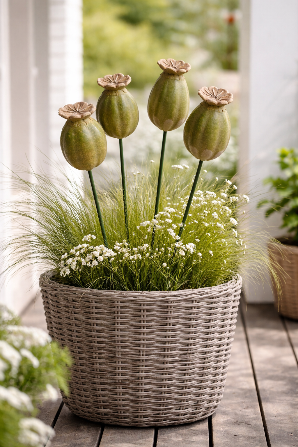 Mohn Mohnkapsel okka-grün Keramik 2fach sort. Gartenstecker H34cm + H44cm Stecker Herbst Garten 2Größen wählbar