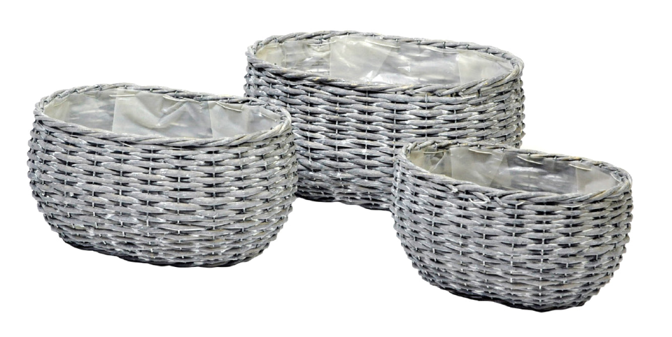 Korb LIVIA oval Pflanzkübel 3er Set grau Pflanzkorb Landhaus