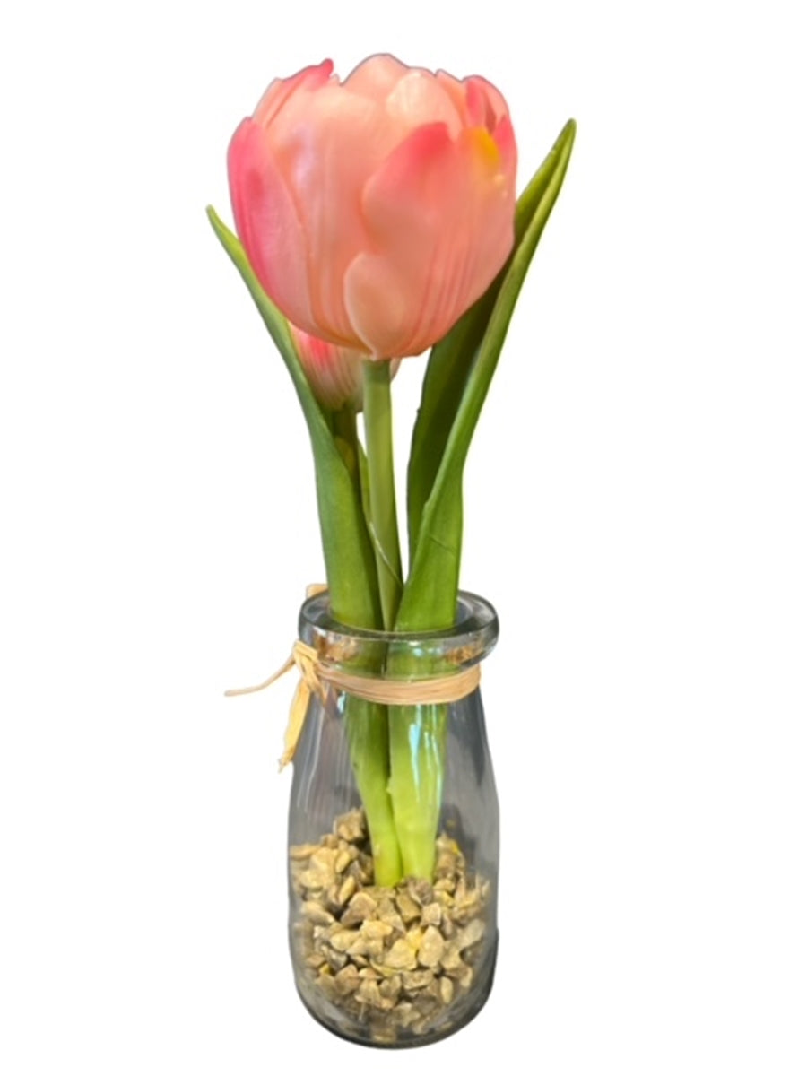 2x Tulpe künstlich im Glas 1 Blüte 1 Knospe H19cm hellrosa Frühling Ostern