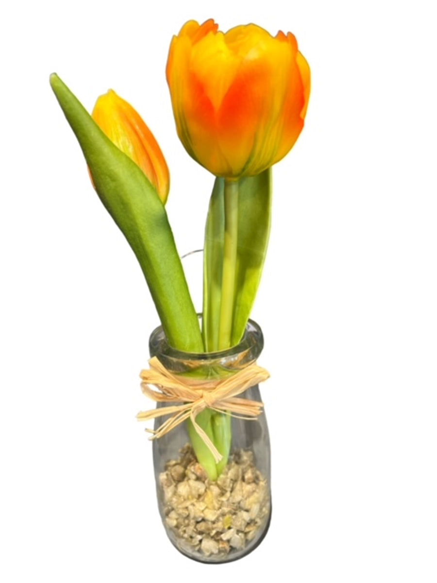 2x Tulpe künstlich im Glas 1 Blüte 1 Knospe H19cm orange/gelb Frühling Ostern
