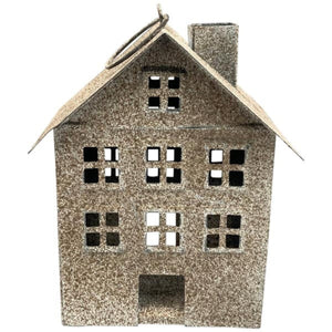 2x Deko Haus Metall 9x7,5cm H13,5cm Lichthäuser stehend für Garten, Terrasse, Balkon oder Zuhause grau/braun