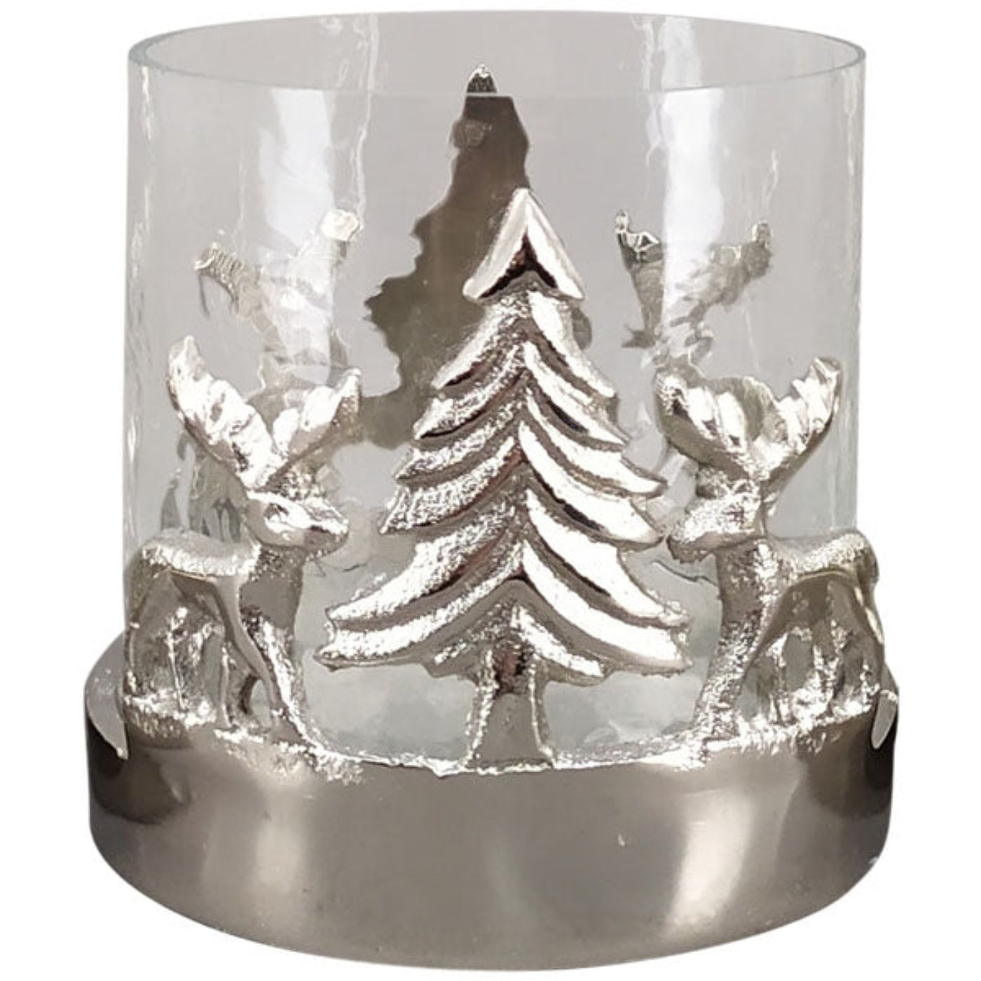 Windlicht Tanne/Rentier-Verzierung H8,5cm + Ø14,5cmH15cm Kerzenhalter Weihnachten Weihnachtsdeko Glas Aluminium klar/Silber 2Größen wählbar