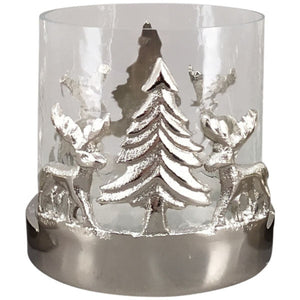 Windlicht Tanne/Rentier-Verzierung H8,5cm + Ø14,5cmH15cm Kerzenhalter Weihnachten Weihnachtsdeko Glas Aluminium klar/Silber 2Größen wählbar