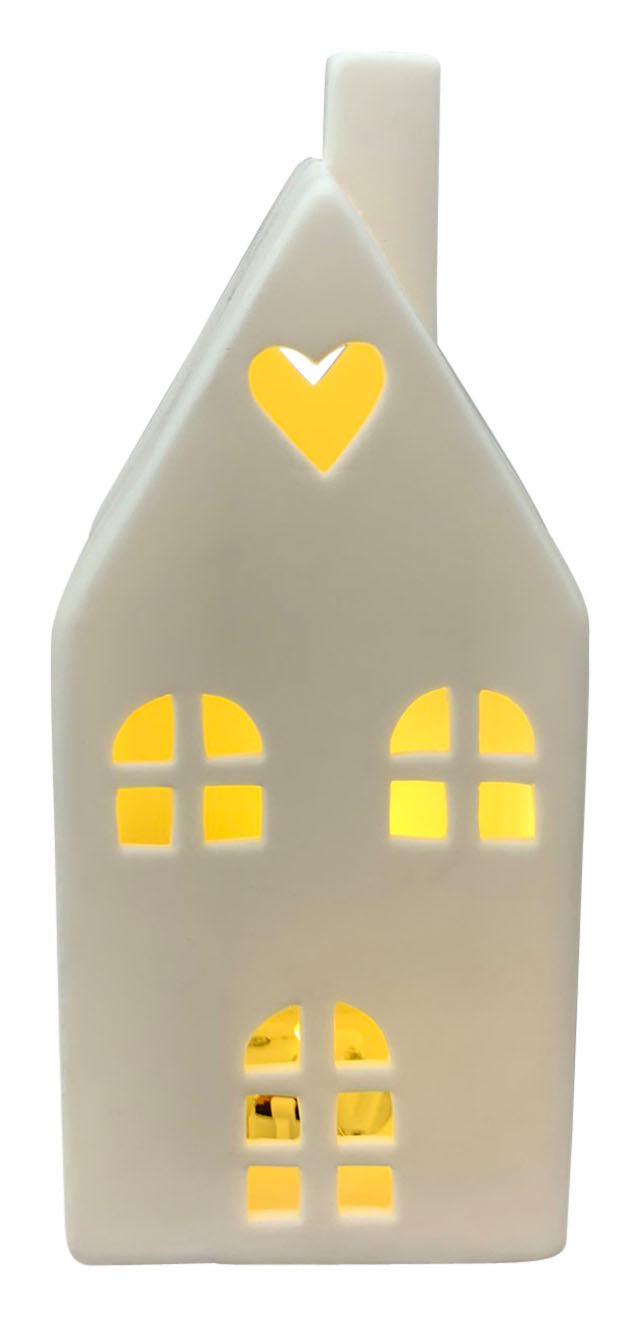 LED Haus Herz 8,2x7,2cm H19,5cm Dekohaus Porzellan weiß Weihnachten