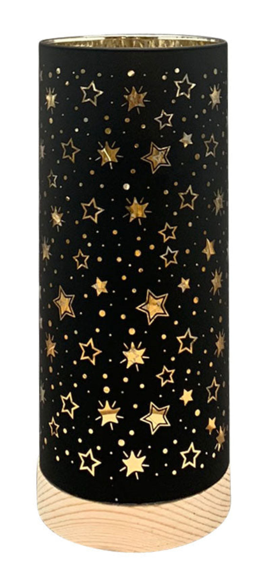 LED Licht Lumière Leuchte Glas schwarz/gold Sterne mit Timer Ø9cm H22cm