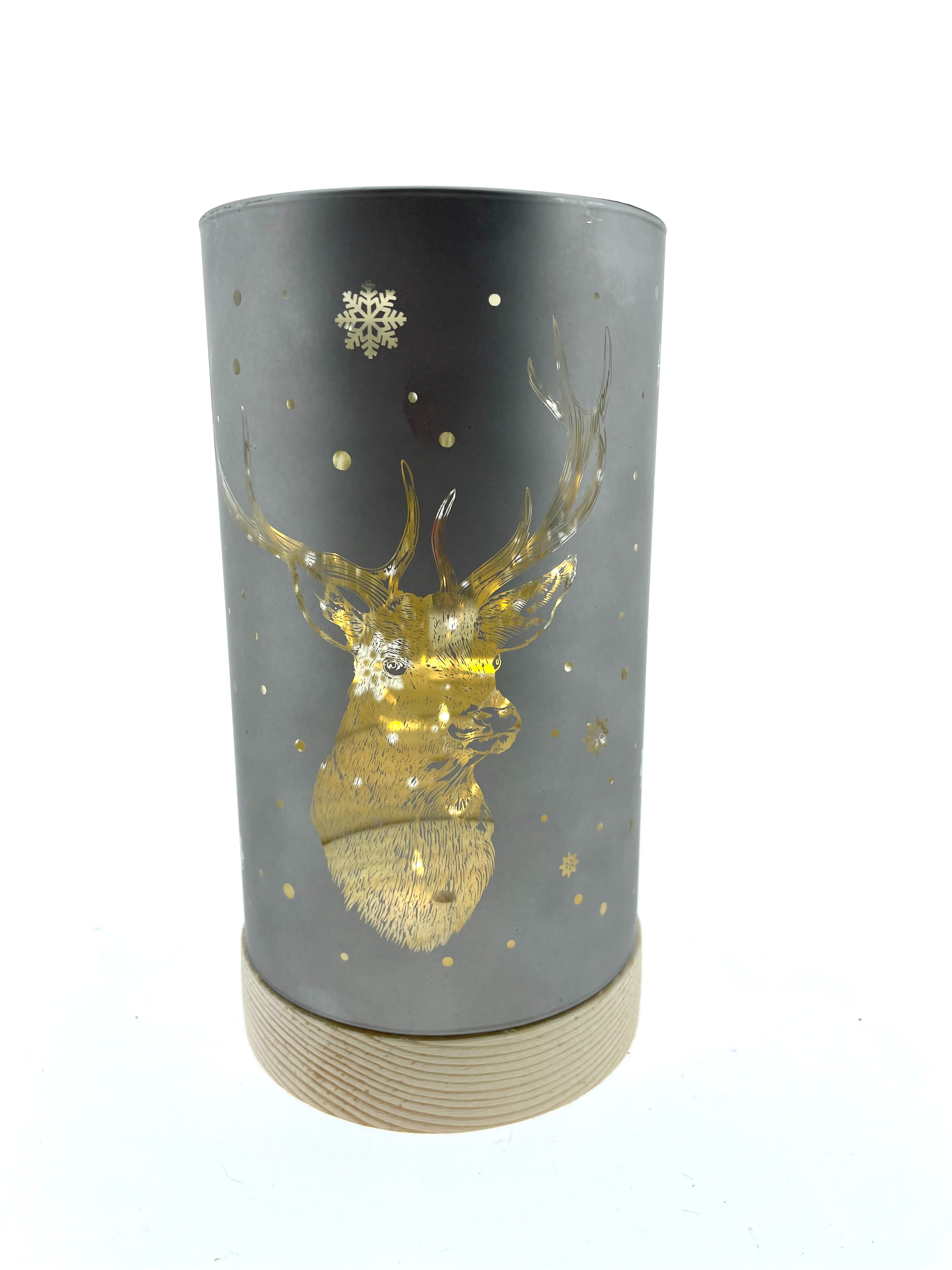 LED Leuchte Vase  Glas grau/gold Hirsch mit Timer Ø9cmH22cm Weihnachten