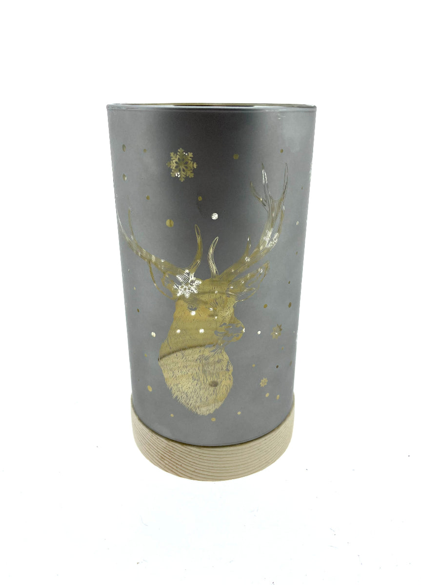 LED Leuchte Vase  Glas grau/gold Hirsch mit Timer Ø9cmH22cm Weihnachten