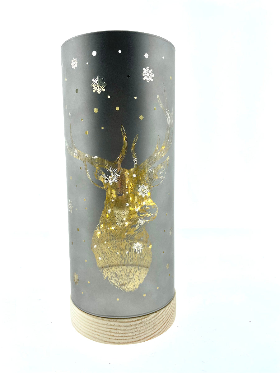 LED Leuchte Vase  Glas grau/gold Hirsch mit Timer Ø9cmH22cm Weihnachten