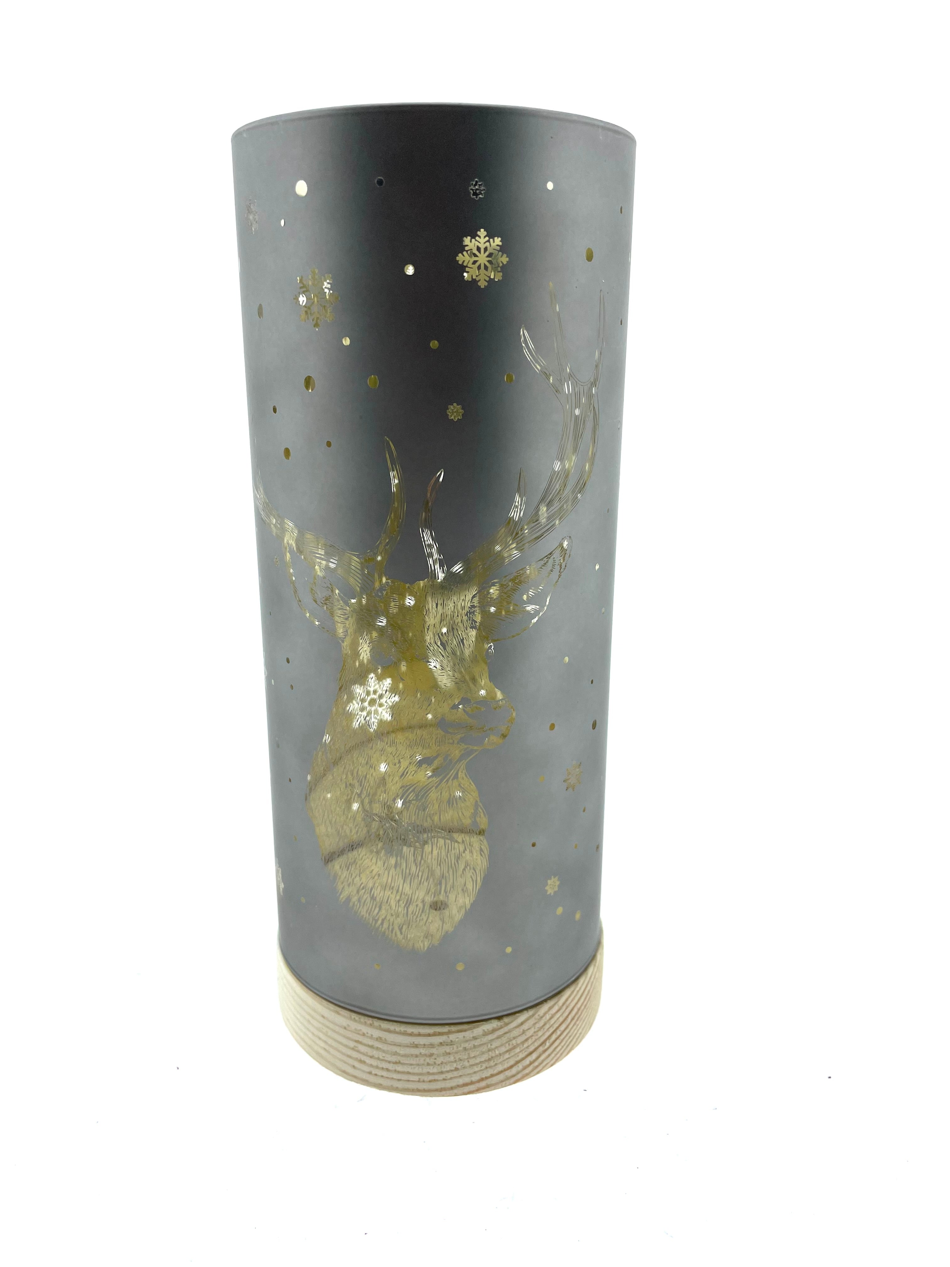 LED Leuchte Vase  Glas grau/gold Hirsch mit Timer Ø9cmH22cm Weihnachten