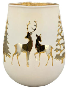 Windlicht Vitreous Glas creme/gold Rentier Tanne Ø12cm H15cm