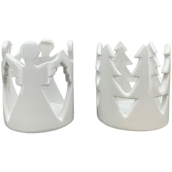 Windlicht Ivory 2er Set weiß Keramik Ø8,5cm H9,5cm Tischdeko Engel/Tanne