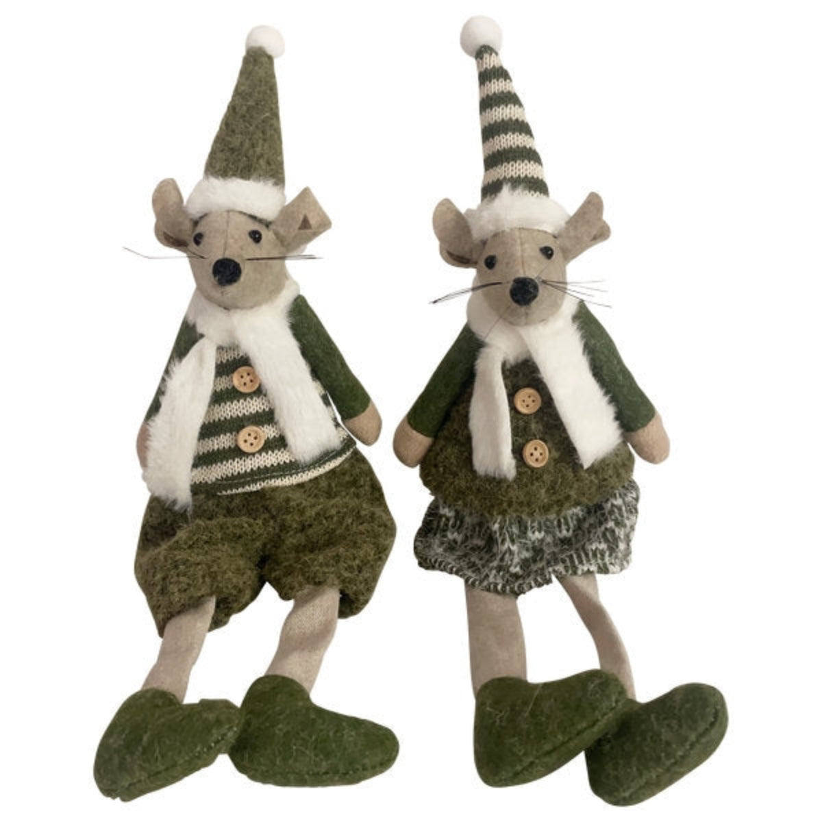 Maus Fily 2-fach sortiert – 9,5 x 6,5 x H 39 cm – Polyester – Dekorative Mausfigur mit hängenden Beinen – Weihnachts- & Winterdeko