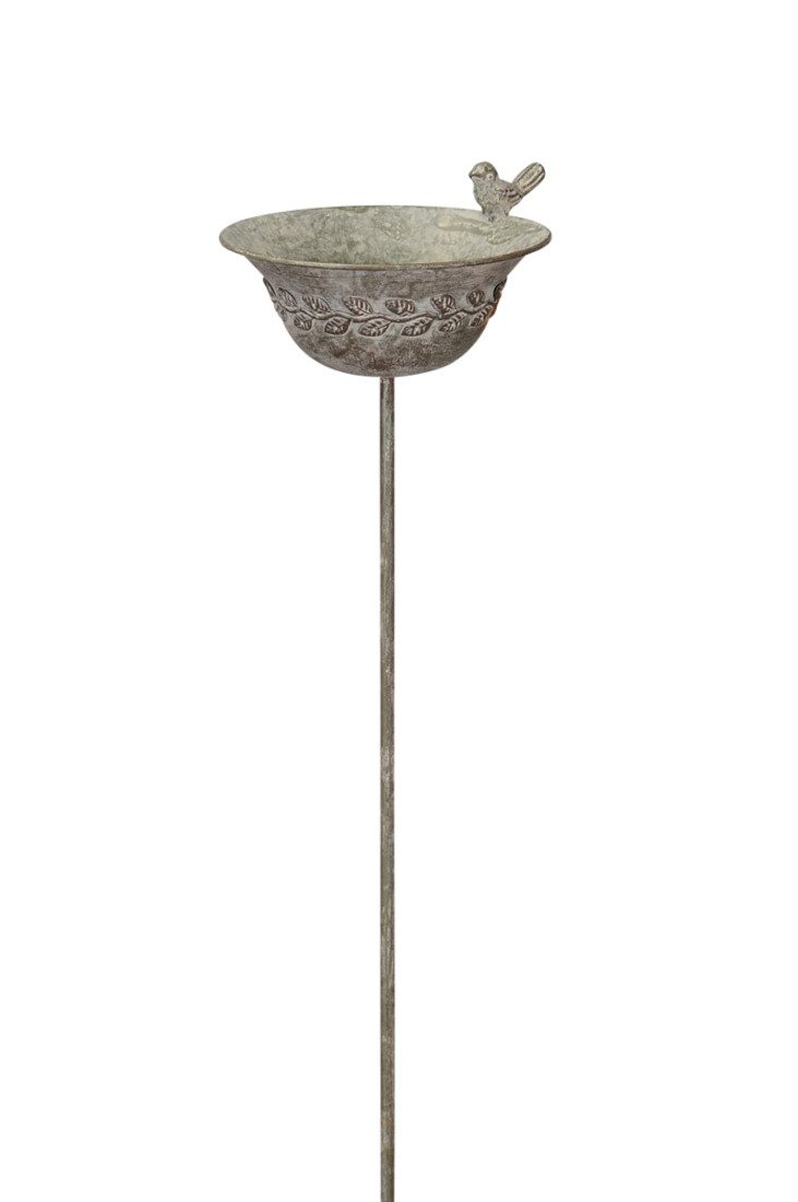 Vogeltränke auf Stab aus Eisen grau/braun gewischt 95cm Höhe Vogelbad mit Dekoschale 20x17cm Gartendekoration für Wildvögel