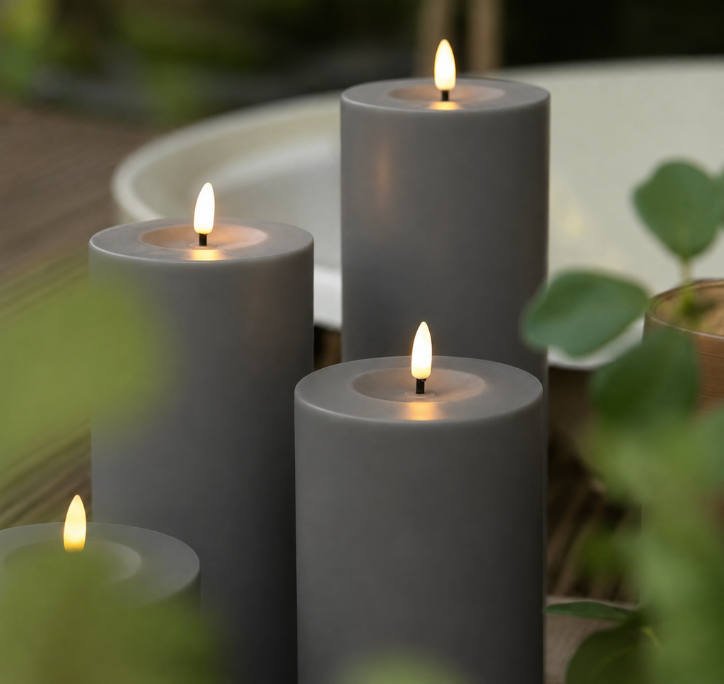 LED Stumpenkerze Patio Grau Ø 10 cm – Outdoor LED Kerze mit warmweißem Flammeneffekt, Timer & Fernbedienungsfunktion – 3 Größen wählbar – Kunststoff – 3x AA Batterien