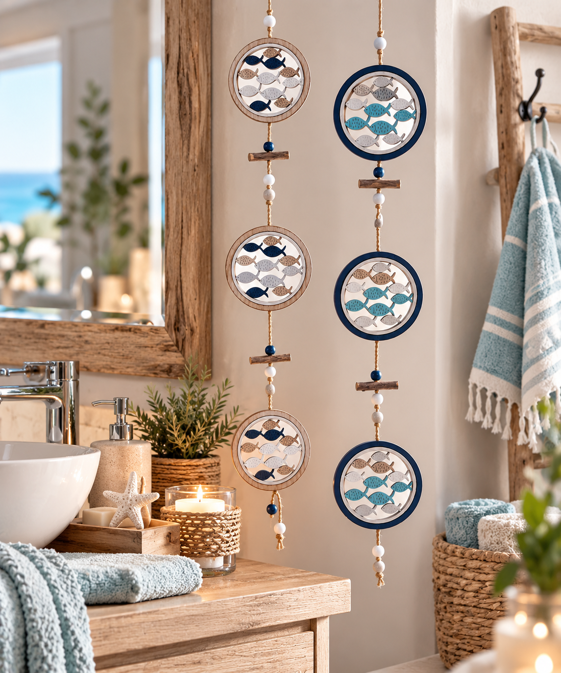Hänger Fische Holz Maritim 2sort. Türschild Wanddeko Fensterdeko Ø9cm L80cm