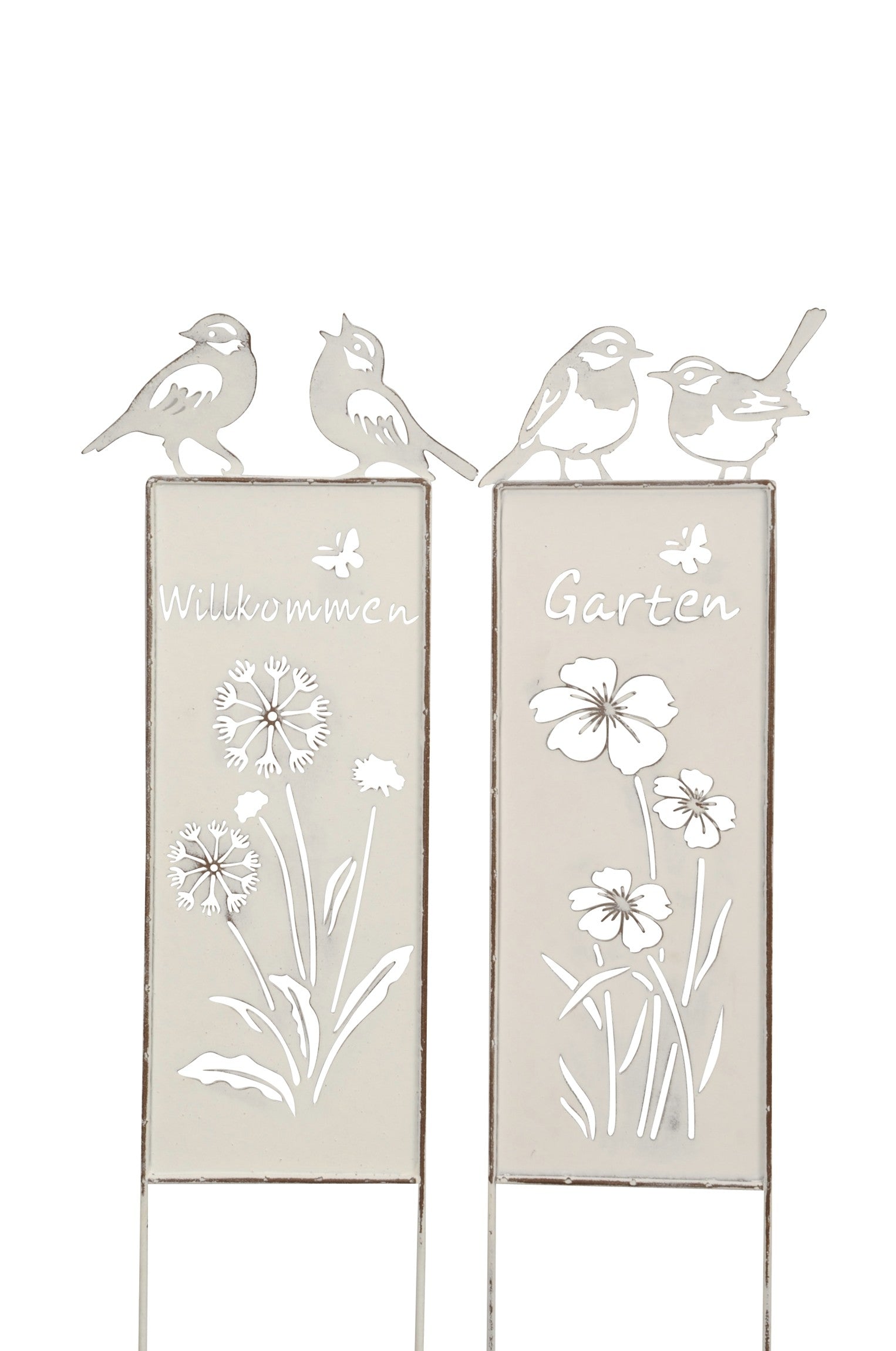 Metall Stele 2er Set weiss Spruch Vogel "Garten/Willkommen" Beetstecker B12cm H31cm