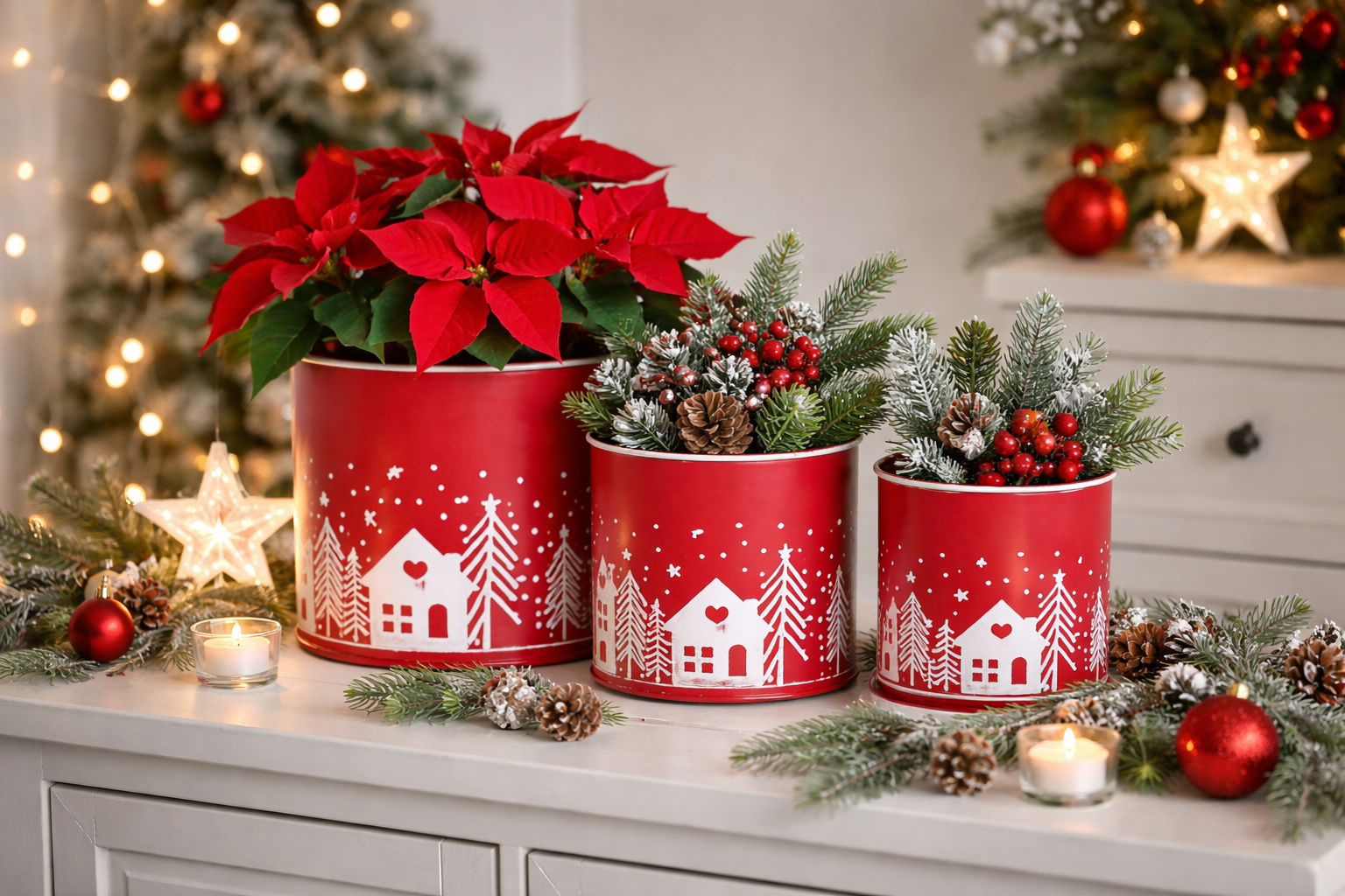 Metall Blumentopf Set/3 Winterlandschaft Übertopf rot-weiß Ø12+15+17cm H12+15+17cm Dekoratives Pflanzen Festliche Deko