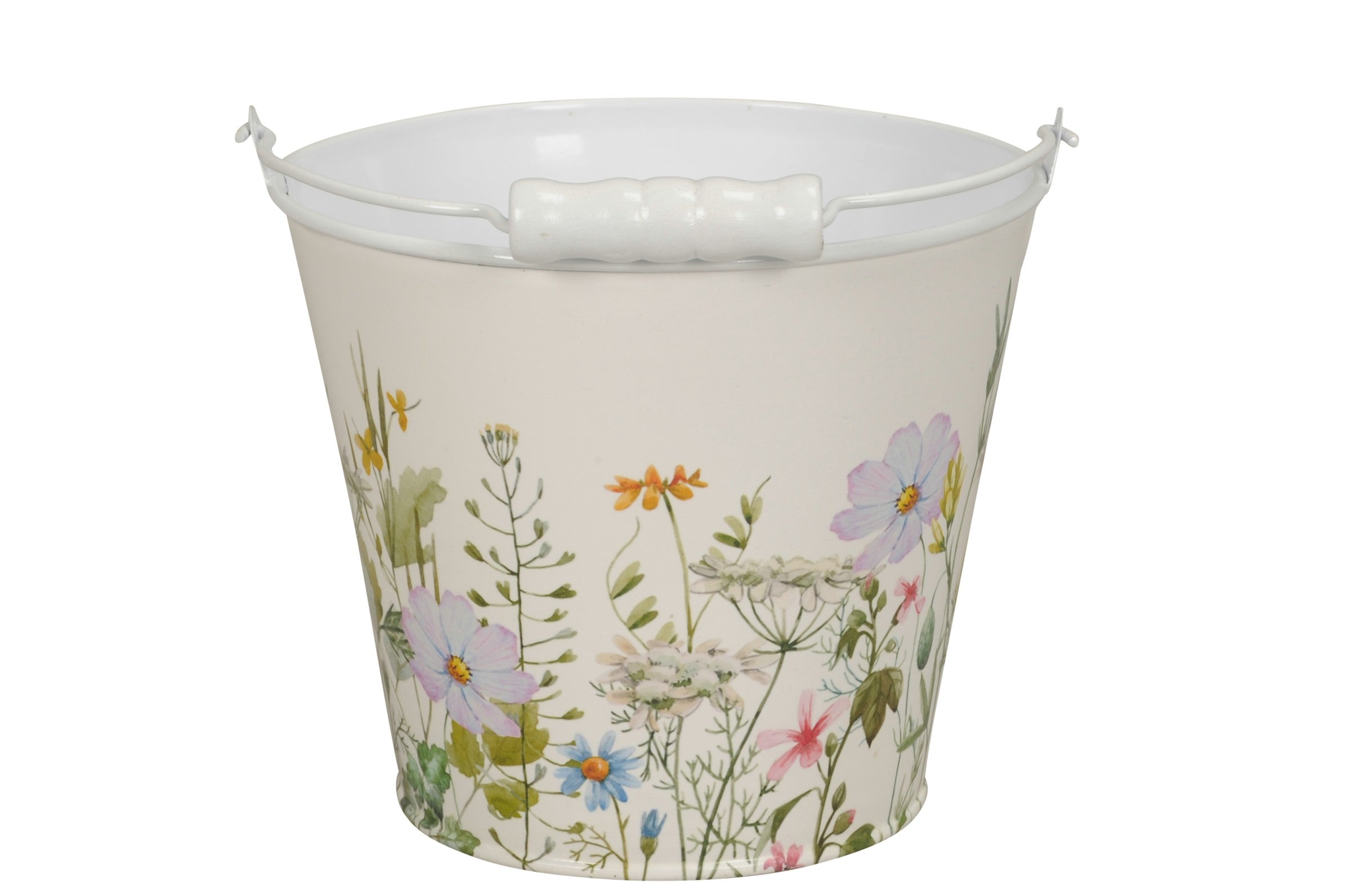 Metall-Eimer mit Henkel Ø16cm H14cm "Blumenwiese" Vintage-Landhausstil für Pflanzen & Wohnaccessoires vielseitig als Blumentopf, Aufbewahrung oder Deko
