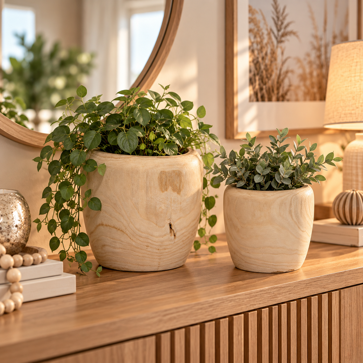 Blumentopf Holz Übertopf natur Ø21+29,5 cm H21,5+27cm 2Größen wählbar