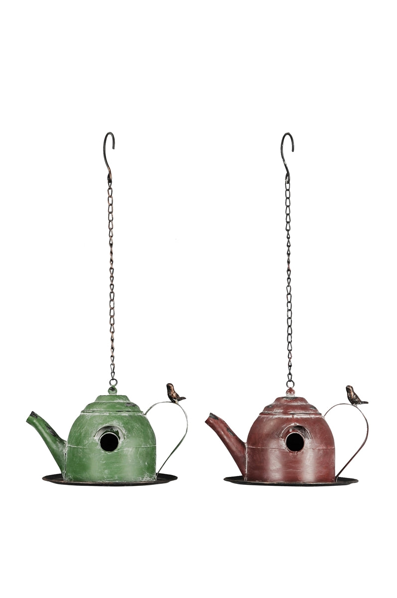 Nistkasten Vogelhaus Metall zum Hängen Teekanne Shabby Ø32x22cm H17cm grün/bordo 2Farben wählbar