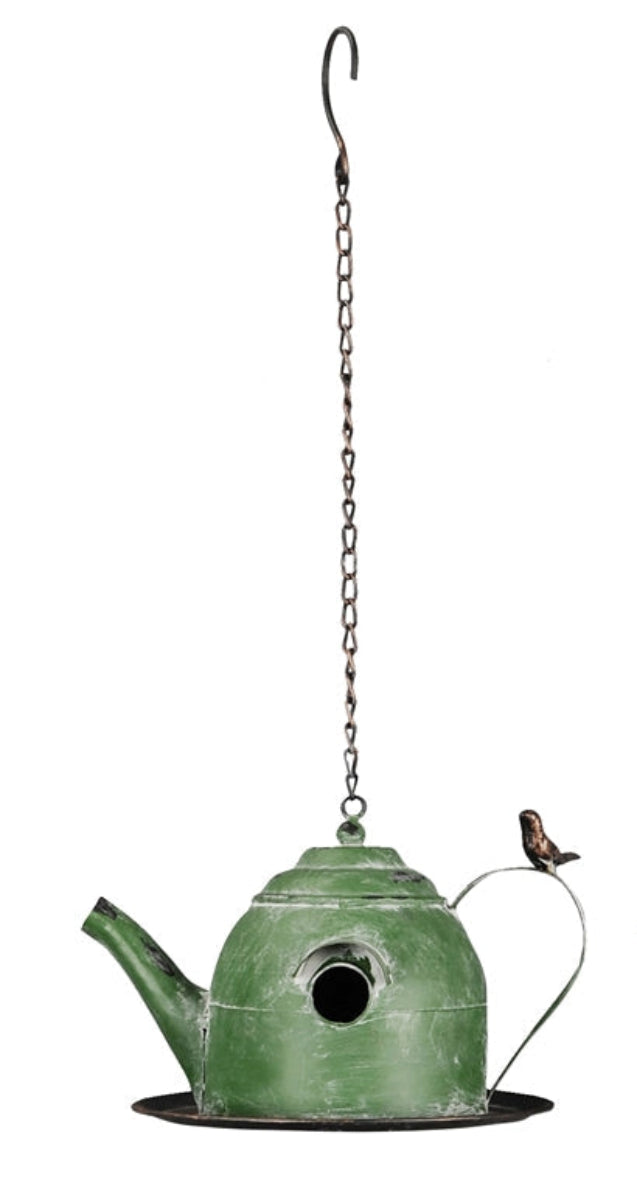 Nistkasten Vogelhaus Metall zum Hängen Teekanne Shabby Ø32x22cm H17cm grün/bordo 2Farben wählbar