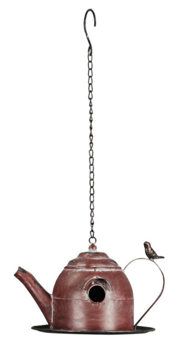 Nistkasten Vogelhaus Metall zum Hängen Teekanne Shabby Ø32x22cm H17cm grün/bordo 2Farben wählbar