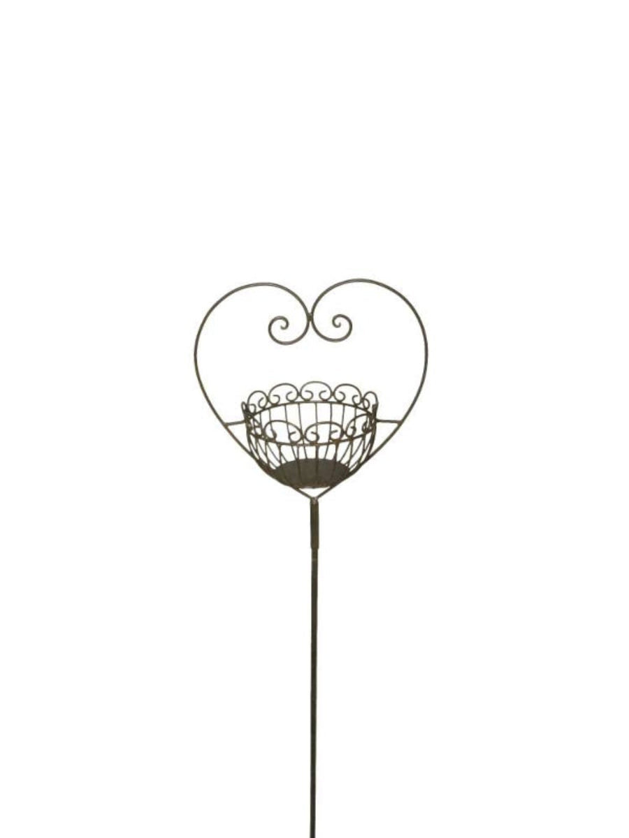 Korb am Stab Herz Pflanzkorb dunkel braun Shabby Pflanzschale Gartendeko Ø31x18,5cm H133cm