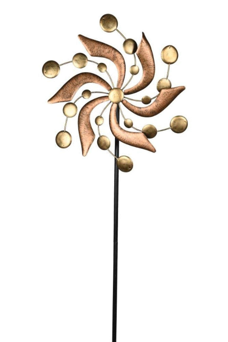 Windrad Metall Windspiel Doppelt Gartendeko Windmühle Gartenstecker kupfer/gold Ø57x10cm H190cm
