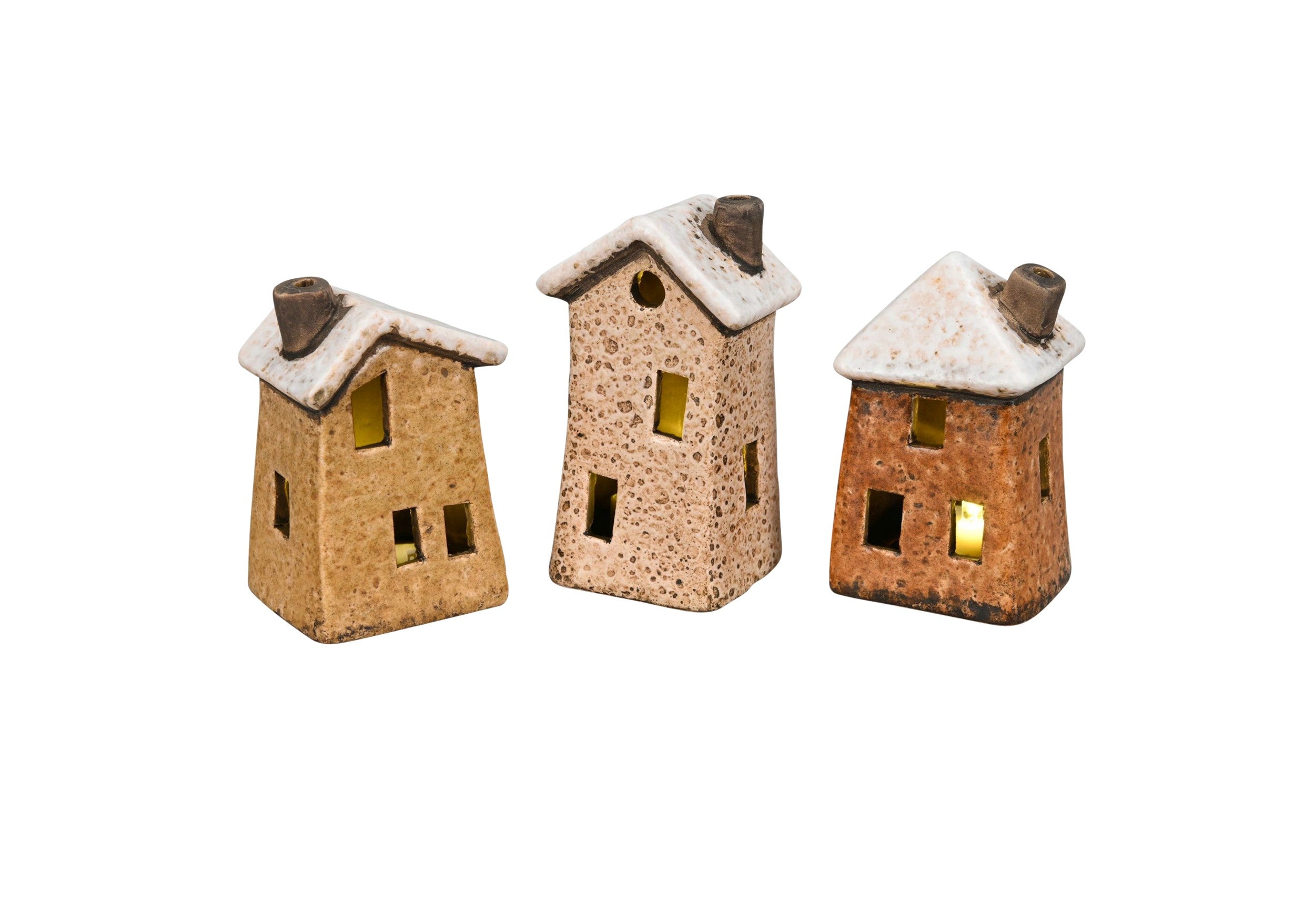 Deko Haus LED x3 braun/orange/natur sort. 5,5x4cm H9cm Steinzeug Lichterhaus