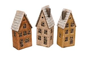 Deko Haus LED x3 brau/orange/natur sort. 6,5x6cm H14cm Steinzeug Lichterhaus