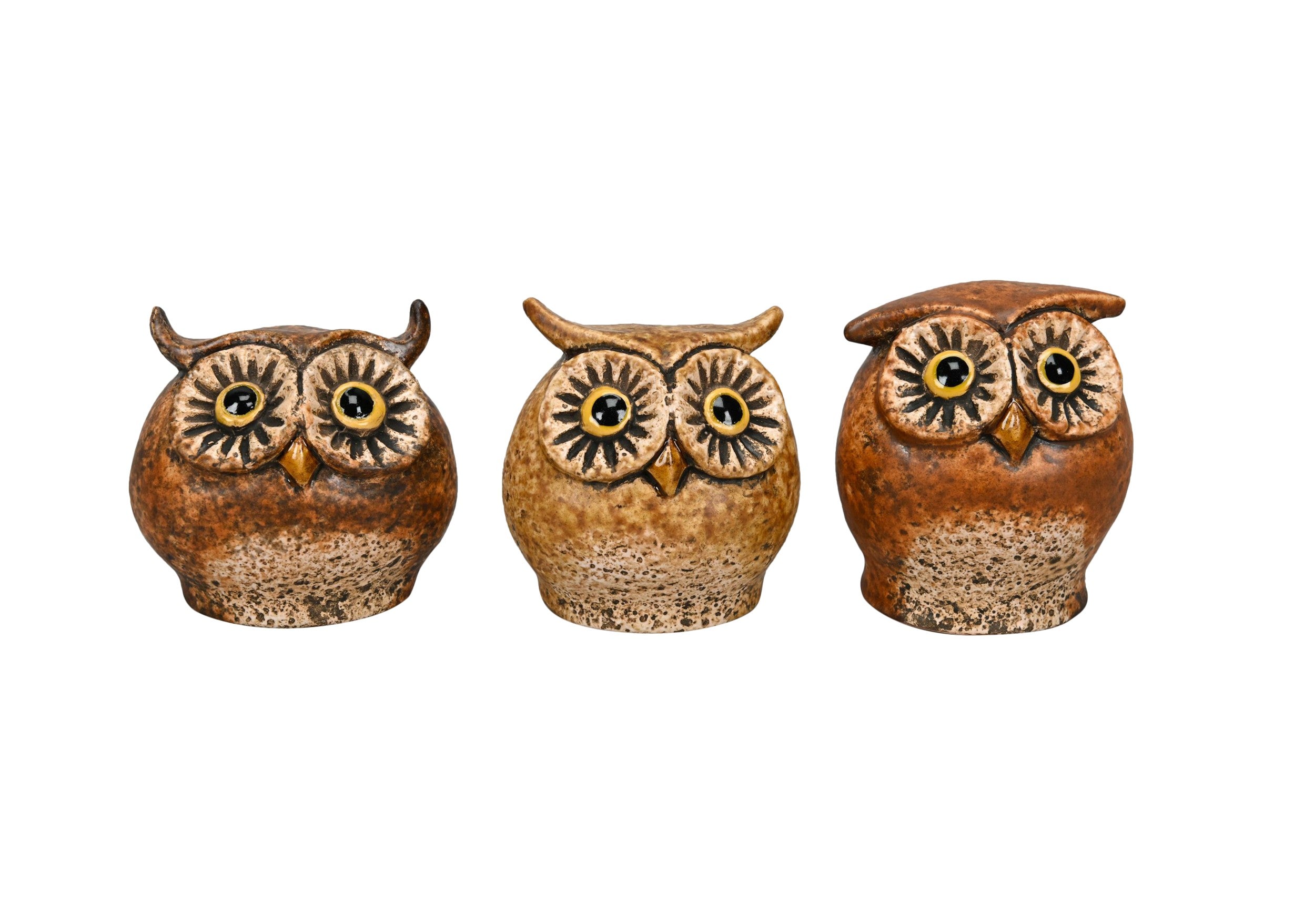 Eule 3fach sort. natur/braun Ø7,5x7cm H7cm Steinzeug Figur Skulptur Wald Herbst