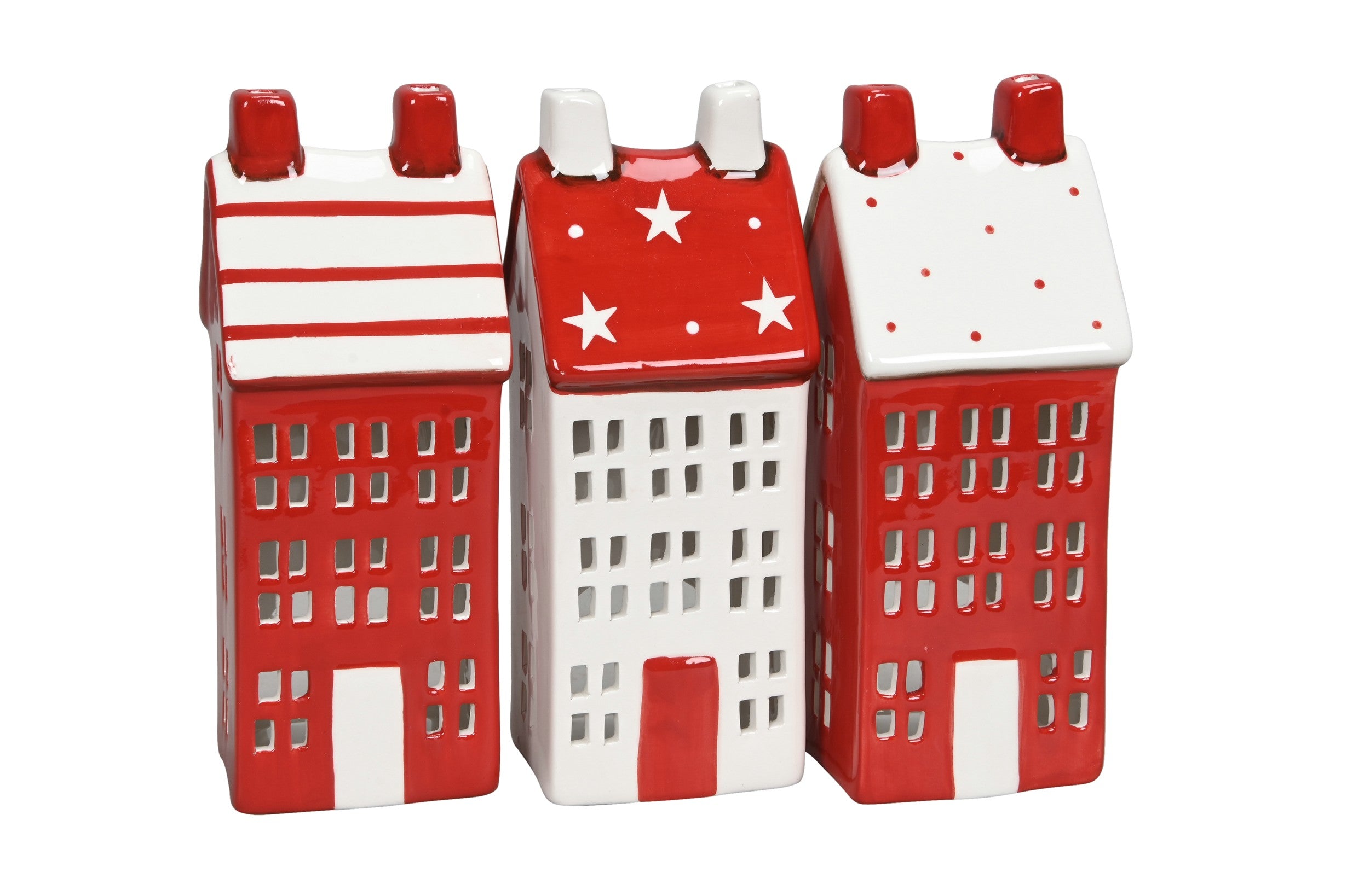 Deko Haus 2LED rot/weiss 3fach sort. 7x7cm H18cm Steinzeug Lichterhaus Herbst Weihnachten Dekoration