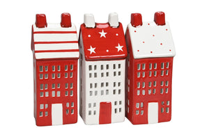 Deko Haus 2LED rot/weiss 3fach sort. 7x7cm H18cm Steinzeug Lichterhaus Herbst Weihnachten Dekoration