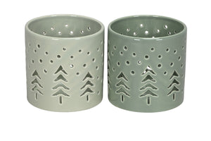 Windlicht Keramik Tanne 2fach sort. Teelichthalter grün/mint Ø11cm H11cm