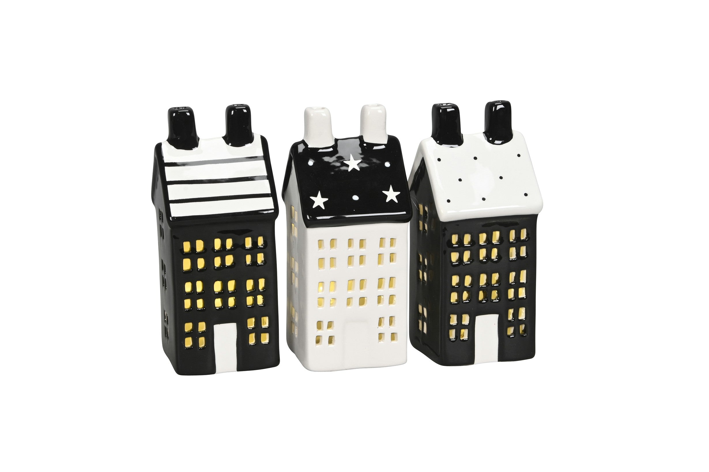 Deko Haus 2LED schwarz/weiss 3sort. 5,5x5,5cm H13,5cm Steinzeug Lichterhaus