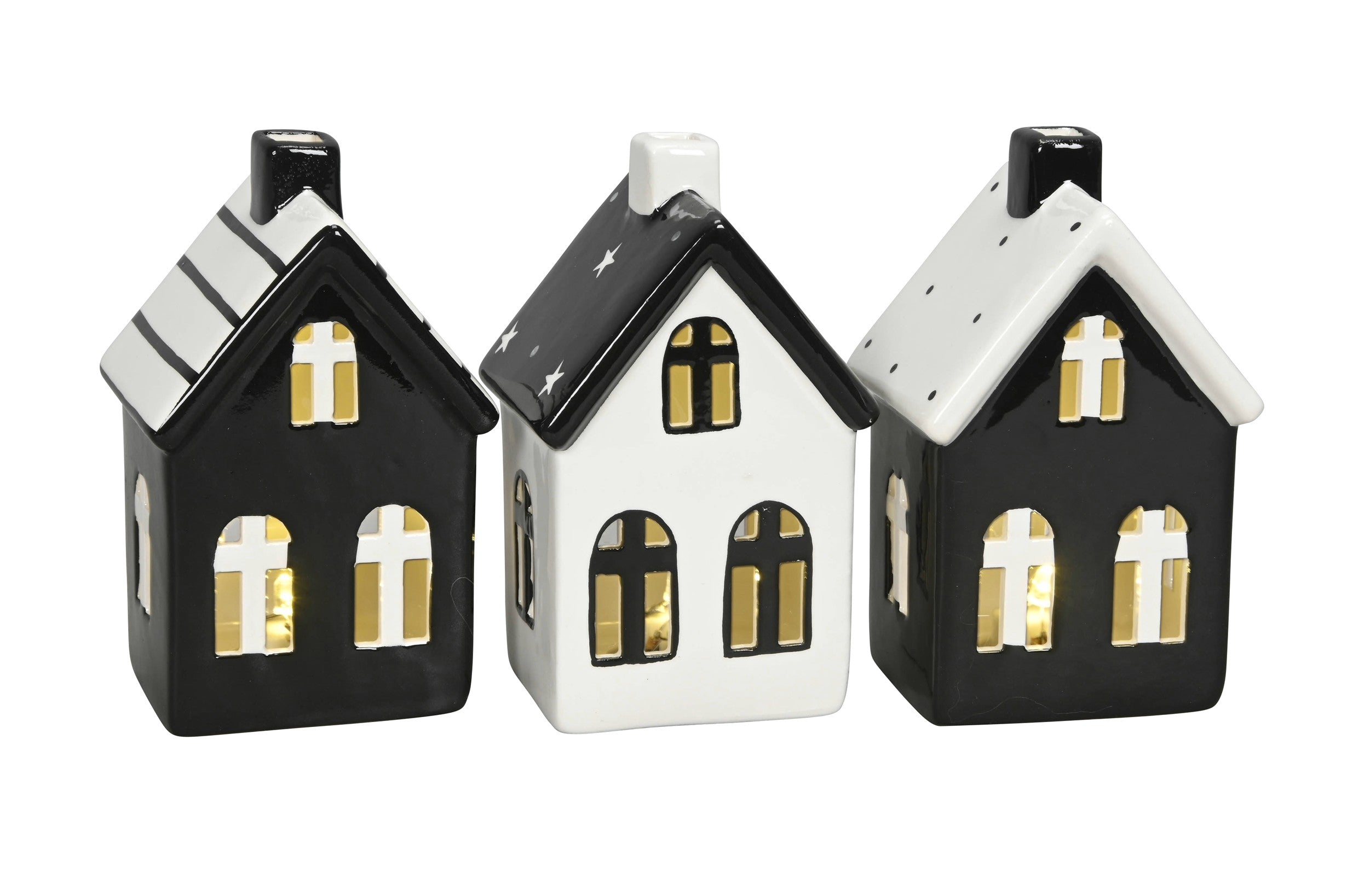 Deko Haus 2LED schwarz/weiss 3sort. 8x7cm H13cm Steinzeug Lichterhaus