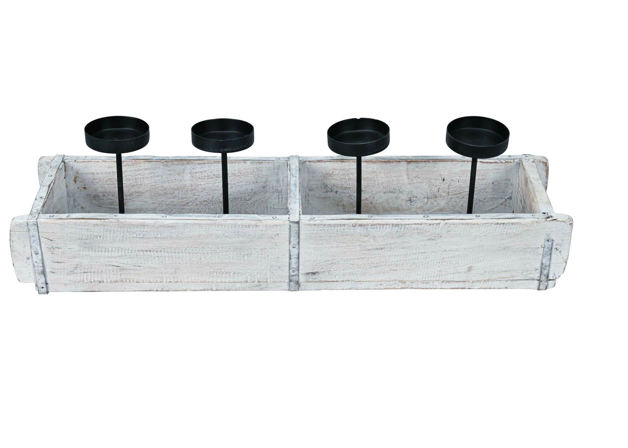 Kerzenhalter RUSTIK weiß Holz Ziegelform mit 4 Kerzenhaltern Advent Holzkiste Kerzenständer