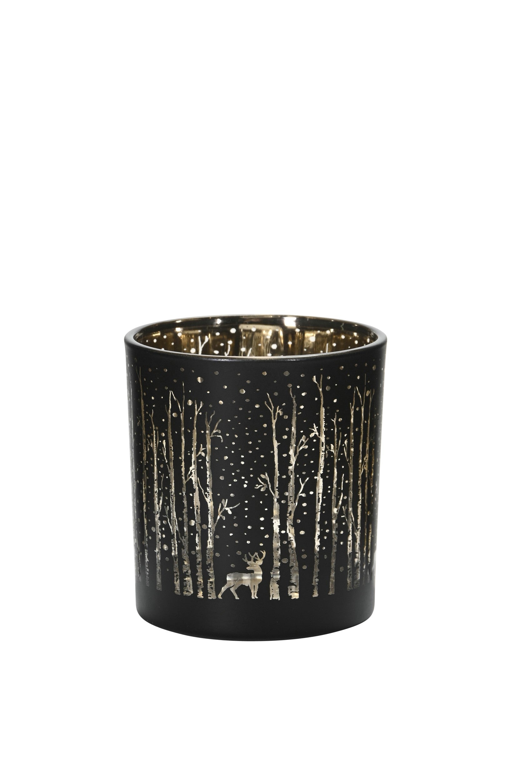 Windlicht Wald Glas Teelichthalter H8cm + H18cm schwarz-gold 2Größen wählbar