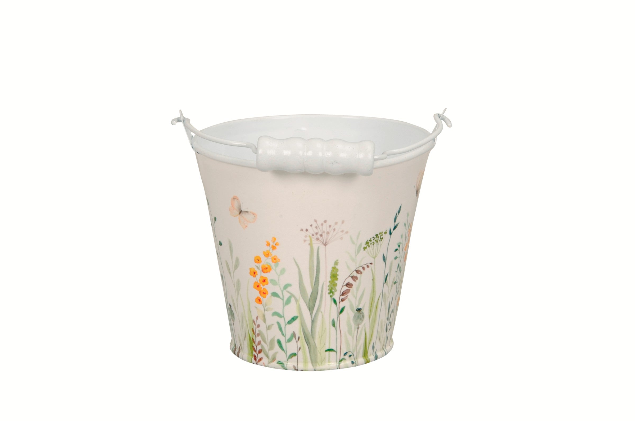 Metall-Eimer mit Henkel Ø11/13/16cm H10,5/12/14cm "Blumenwiese" Vintage-Landhausstil für Pflanzen & Wohnaccessoires vielseitig als Blumentopf, Aufbewahrung oder Deko 3Größen wählbar
