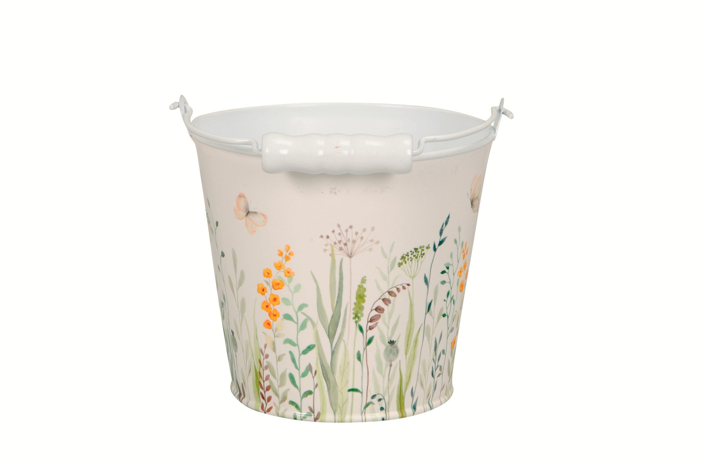 Metall-Eimer mit Henkel Ø11/13/16cm H10,5/12/14cm "Blumenwiese" Vintage-Landhausstil für Pflanzen & Wohnaccessoires vielseitig als Blumentopf, Aufbewahrung oder Deko 3Größen wählbar