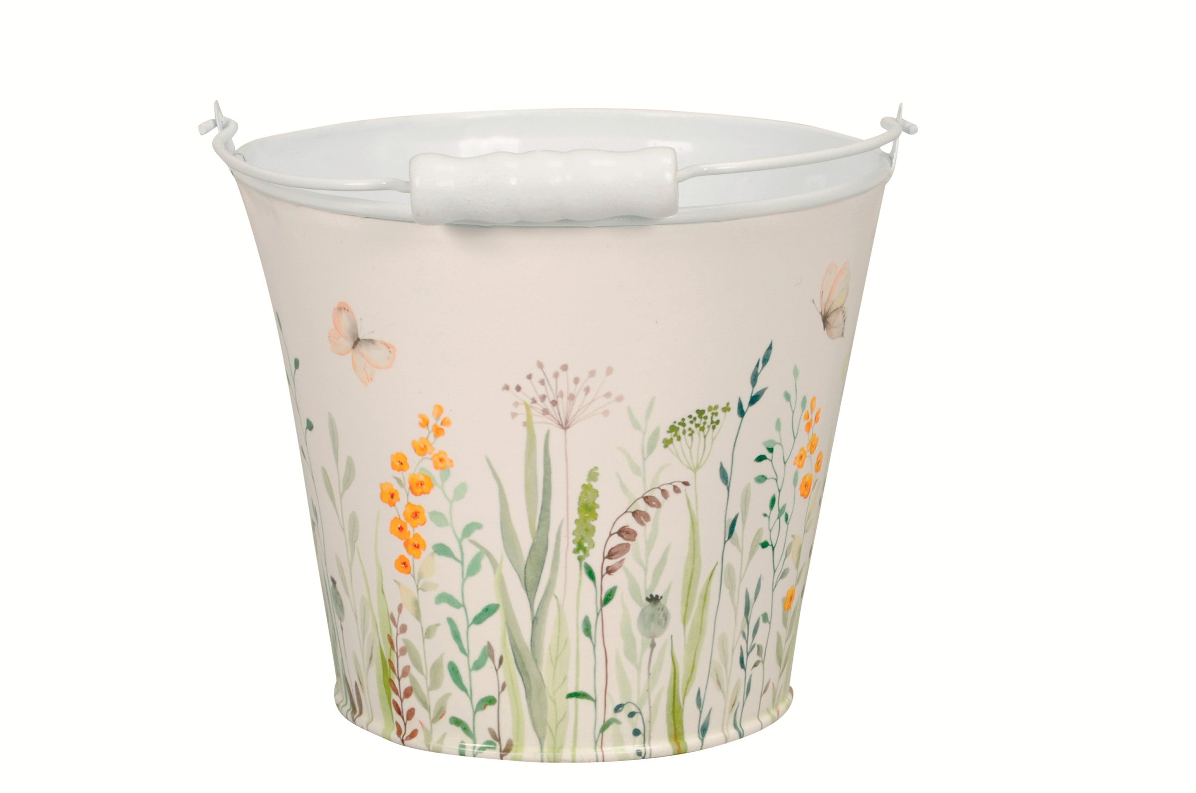 Metall-Eimer mit Henkel Ø11/13/16cm H10,5/12/14cm "Blumenwiese" Vintage-Landhausstil für Pflanzen & Wohnaccessoires vielseitig als Blumentopf, Aufbewahrung oder Deko 3Größen wählbar