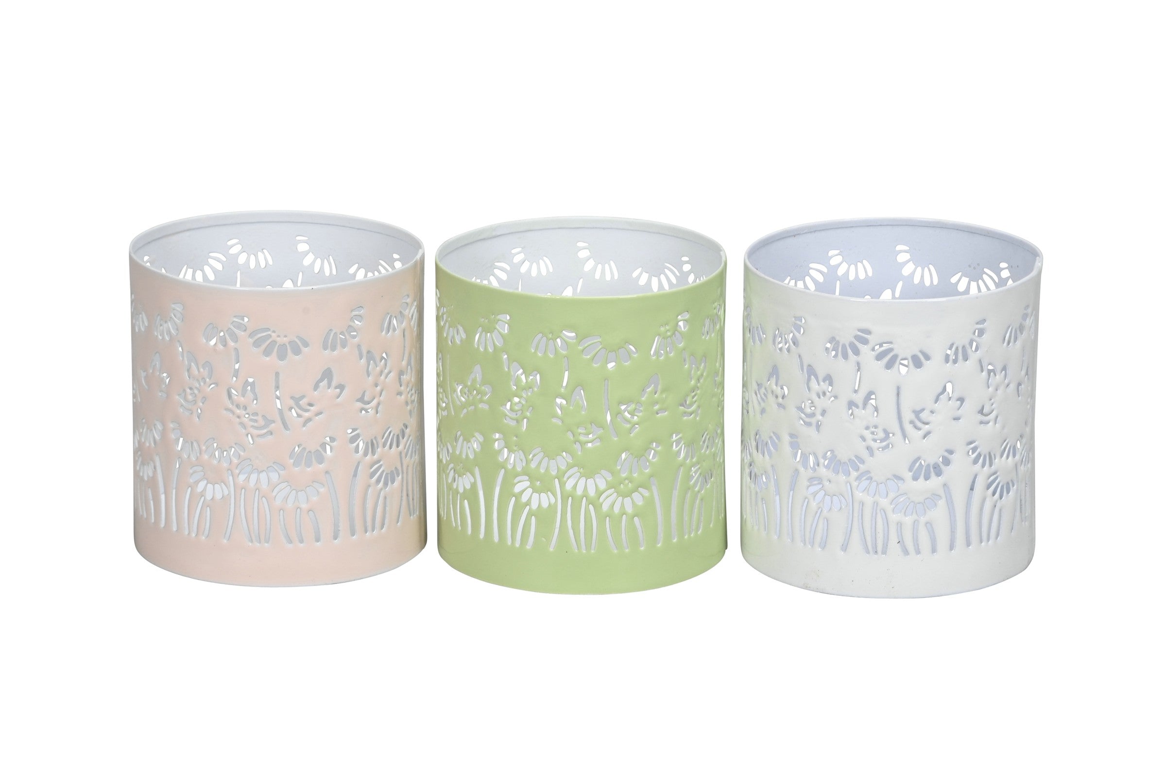 Windlicht Metall 3farbig sort. Blüten rosa/grün/creme Ø9,5cm H10cm Teelichthalter
