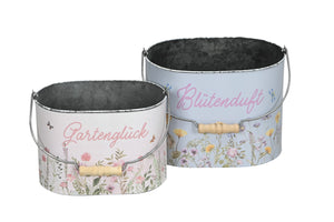 Eimer Metall mit Henkel 2erSet bunt oval Blumenwiese mit Spruch Pflanztopf bunt Blumentopf Pflanzgefäß