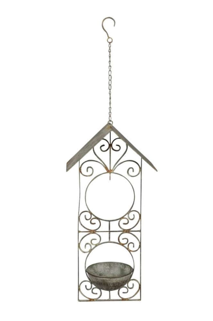 Vogeltränke mit Futterstadion Vogelhaus Metall grau-grün Futterstelle 25x14cm H52cm