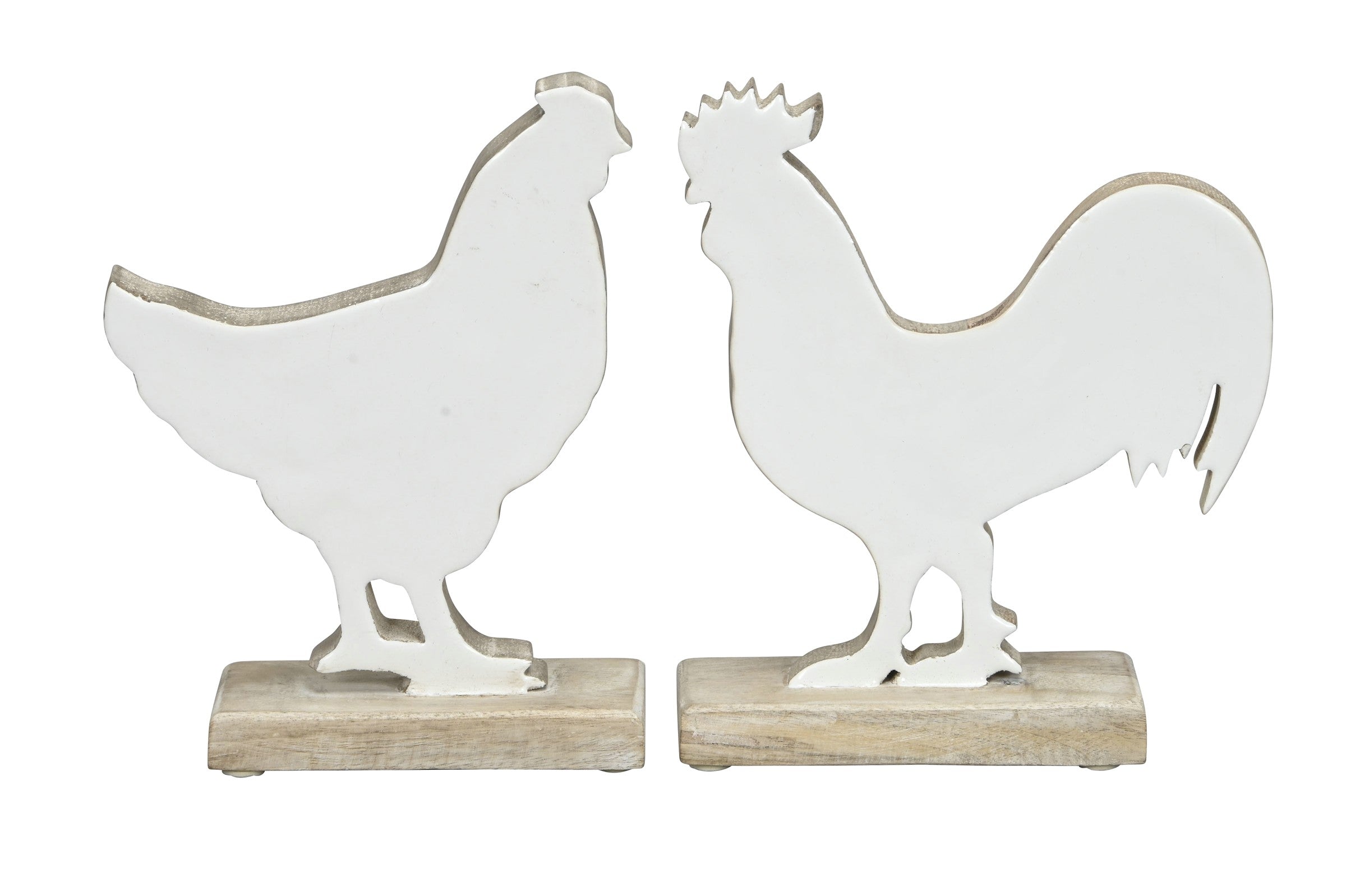 Hahn + Huhn 2fach sort. Mangoholz weiss/natur Skulptur Figur Holz Landhaus Ø19x6cm H22cm