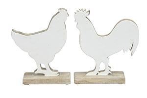 Hahn + Huhn 2fach sort. Mangoholz weiss/natur Skulptur Figur Holz Landhaus Ø19x6cm H22cm