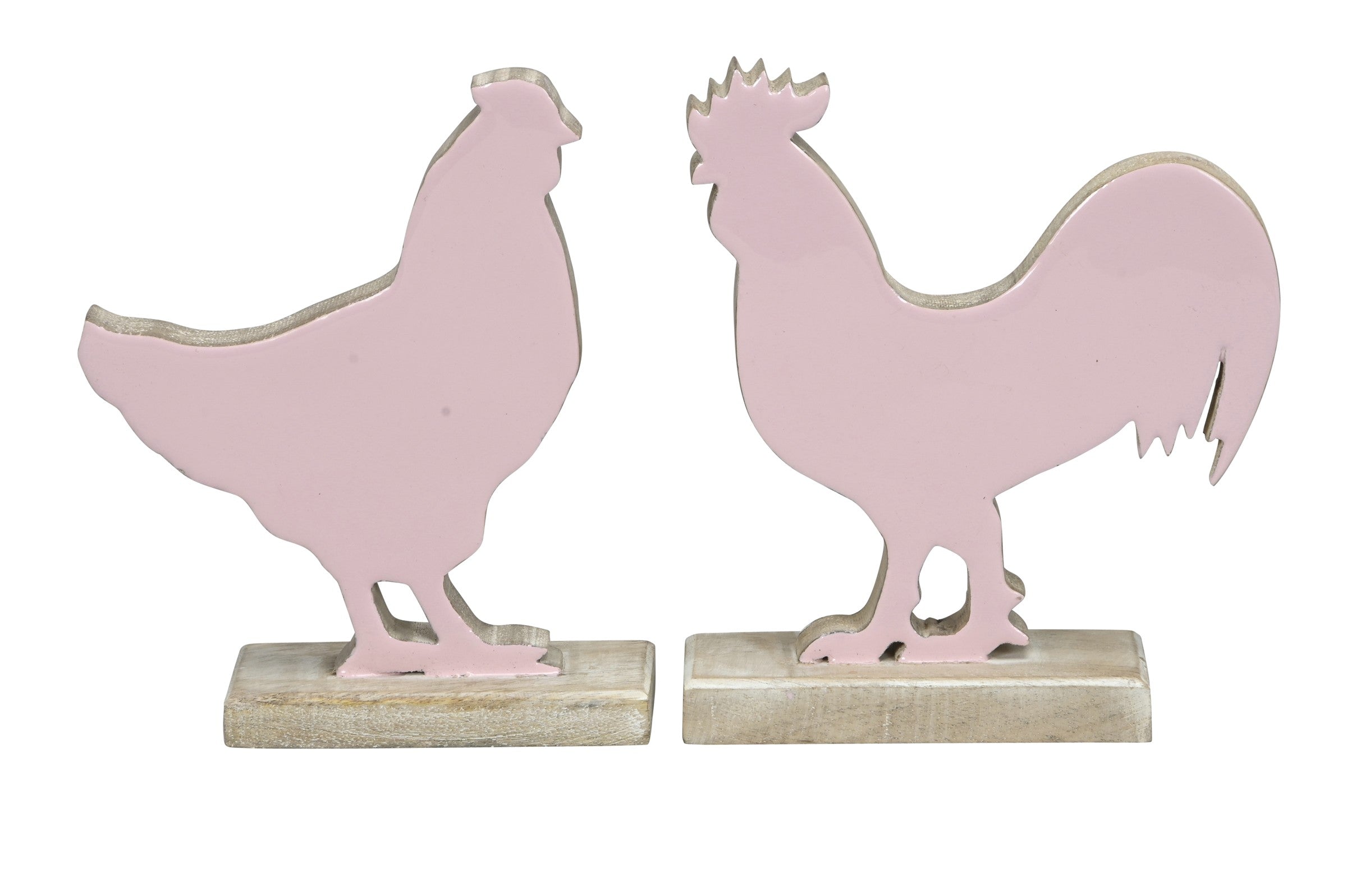 Hahn + Huhn 2fach sort. Mangoholz rosa/natur Skulptur Figur Holz Landhaus Ø19x6cm H22cm