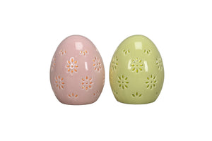 LED Ei Blüten roas-grün 2fach sort. Porzellan Ø7cm H9cm Osterdeko Ostern Osterei Frühlingsdeko