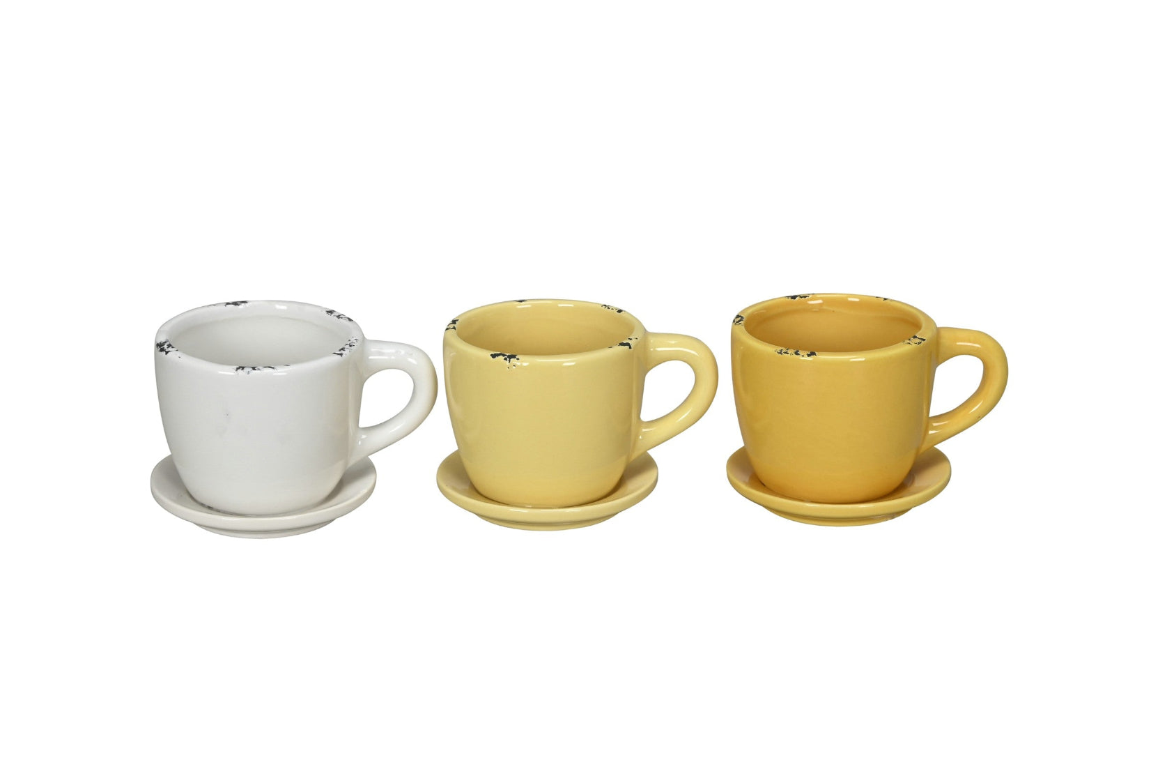Pflanztasse Dolomit 3Fb. sort. gelb/creme Tasse Pflanztopf mit Unterteller Keramik Ø10x8cm H7cm